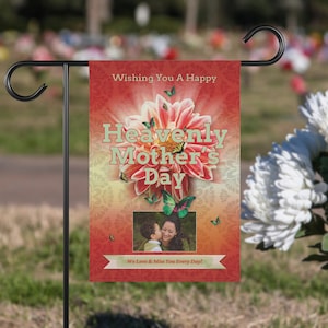 Happy Heavenly Mother&#39;s Day Personalized Memorial Garden Flag, Custom Cemetery Photo Flag, Loss of Mom House Banner, Remembrance Gift