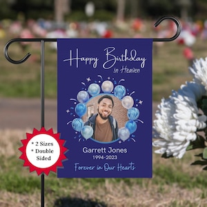 Alles Gute zum Geburtstag im Himmel Benutzerdefinierte Friedhof Flagge, personalisierte Erinnerungsfoto-Garten-Flagge, alles Gute zum Geburtstag im Himmel, doppelseitige Haus Banner
