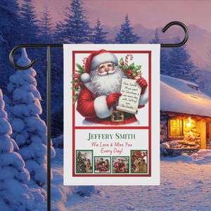 Bandeira de jardim memorial de Natal personalizada Dear Santa, decoração personalizada de cemitério/túmulo, presente de simpatia pela perda do pai, banner de colagem de fotos