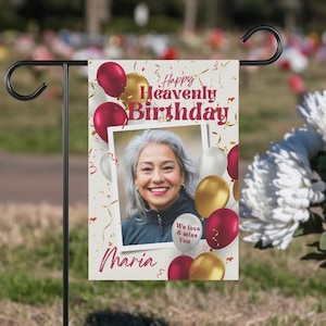 Alles Gute zum Geburtstag Personalisierte Gedenkgarten Flagge, Verlust eines geliebten Menschen Erinnerungsgeschenk, In Erinnerung an Benutzerdefinierten Friedhof / Grabdekoration