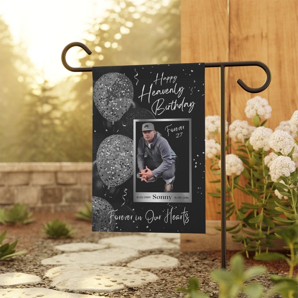 Happy Heavenly Birthday Custom Cemetery Flag, Personalized Memorial Photo Garden Flag, Loss of Son Condolence Gift, Loss of Dad House Banner