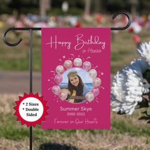 Alles Gute zum Geburtstag im Himmel Personalisierte Gedenkgartenfahne, Benutzerdefinierte Fotofriedhofsfahne, alles Gute zum Geburtstag im Himmel, doppelseitige Hausbanner