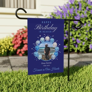 Personalized Memorial Photo Garden Flag, Happy Birthday in Heaven Custom Cemetery Flag, Double Sided House Banner, Forever in Our Hearts
