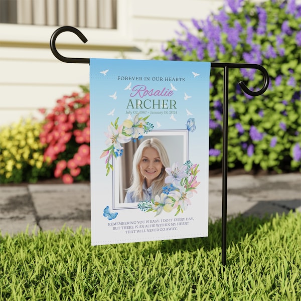 Personalized Memorial Garden Flag, Custom Photo Cemetery Flag, In Loving Memory Butterfly Lily House Banner, Loss of Loved One Sympathy Gift