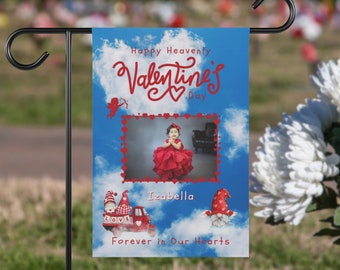 Happy Heavenly Valentine's Day Personalized Memorial Garden Flag, Custom Cemetery Flag Decoration, Loss of Child House Banner, Angel Gnome