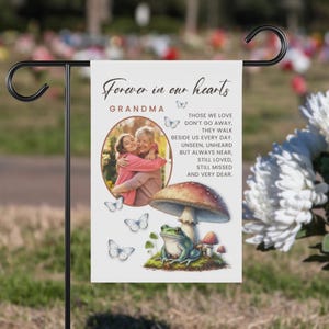 Paddenstoel en kikker Gepersonaliseerde herdenkingstuinvlag, aangepaste lentebegraafplaatsvlag, banner verlies van geliefde huis, ter nagedachtenis aan, cadeau sympathie
