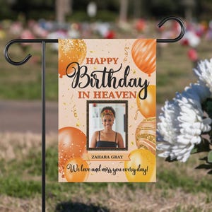 Gelukkige verjaardag in de hemel gepersonaliseerde herdenkingstuin vlag, verlies van dierbare medeleven cadeau, ter nagedachtenis aan aangepaste begraafplaats/grafdecoratie