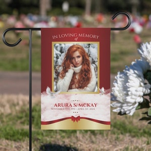 Personalized Memorial Photo Garden Flag, Custom Cemetery/Grave Flag, In Loving Memory Red & Gold House Banner, Loss of Mother Sympathy Gift