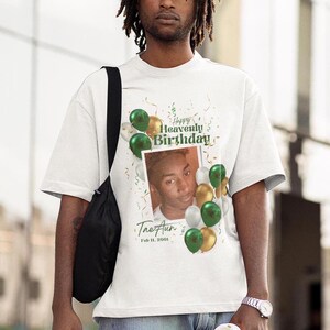 Alles Gute zum Geburtstag im Himmel personalisierte T-Shirt, passende Familie Gedenkhemden benutzerdefinierte Foto Geburtstag Crew Shirt, Verlust des Sohnes Beileid Geschenk