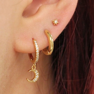 Star Moon Earring Set in Silver and Gold, Trio Starburst Bundle, Mismatch Celestial Earrings, Tiny Star Earring Set, Daughter Gift, Dainty
