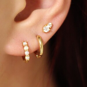 Sterling Silver Opal Earring Set, Opal Huggie Set, Opal Jewelry Gift Set, Silver Opal Huggie Earring, Tiny Diamond Studs, White Opal Hoops