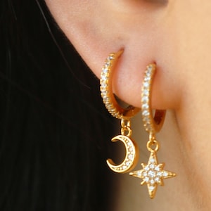 Moon Star Earrings, Moon Hoop Earrings, Star Huggies, Gold Celestial Earrings, Dainty Hoop Earrings, CZ Hoops, Gift for Her, Crescent Moon