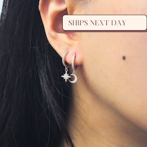 Star Moon Earrings, Silver Moon Earrings, Moon and Star Earrings, Crescent Moon Earrings, Sterling Silver Star Hoops, Gift for her