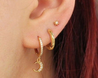 Star Earrings Set,  Star and Moon Huggie Hoops Set, Gold Earring Set, Mismatch Hoop Earrings Set, Celestial Trio Hoop Set, Huggie Hoops Gift