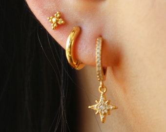 Star Moon Earring Set, Gold Moon Earring, 18k Gold Earring, Celestial Hoop Earring, Mismatched Earrings, Stars Stud Earrings, Moon Huggies