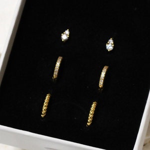 Gold Earring Set, Gift for Mom, Tiny Earring, Braided Earrings, Gold Huggie Hoops, Everyday Earrings, Multiple Piercing, Minimalist Hoops