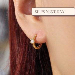 Bead Hoop Earrings in Gold or Silver, CZ Bead Hoops, Simple Everyday Hoops, Birthday Gift, Anniversary Gift, 18k Diamond Gold Earrings,