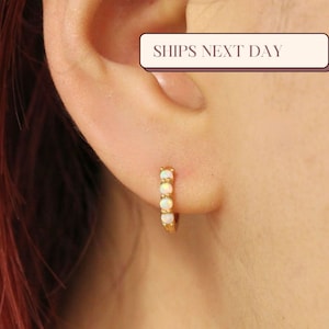 Opal Huggie Hoop, Opal Huggie Earring, White Opal Earrings, Gold Opal Earring, Minimalist Opal Earrings, Opal Dainty Earring, Tiny Opal Hoop