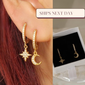 Moon Star Earrings, Moon Hoop Earrings, Star Huggies, Gold Celestial Earrings, Dainty Hoop Earrings, CZ Hoops, Gift for Her, Crescent Moon