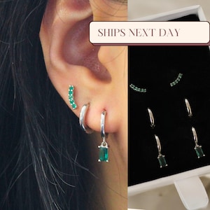 Emerald Dangle Set, Emerald Green Drop Earring Set, Everyday Earrings Set, Dainty Hoop Earring Set, Green Birthstone Hoop Set, Gift for Mom