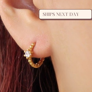 Bead Hoop Earrings in Gold or Silver, CZ Bead Hoops, Simple Everyday Hoops, Birthday Gift for Her, Anniversary Gift, Beaded Huggie Hoops
