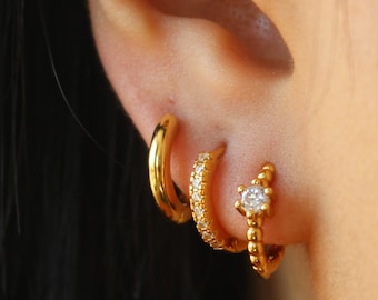 Gold Hoop Set, Tiny Dainty Earring, Huggie Set, Gold Huggies, Gift for her, Earring Stack, Diamond Hoop Earring, CZ Earring Set, Gift