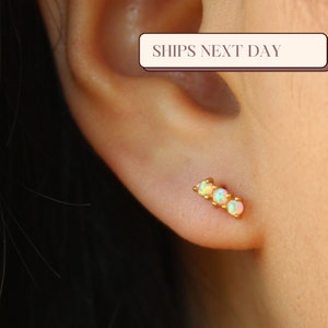Opal Earring Studs, Tiny Opal Climber Earrings, Fire Opal Stud Earrings, White Opal Jewelry, October Birthstone Earrings Opal Bar Studs Gift