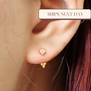 Front Back Earrings, Diamond Stud Earrings, Gold Front Back Earring, Ear Jacket Earring, Delicate Stud Earrings, Dainty Stud Ear Jacket Gift
