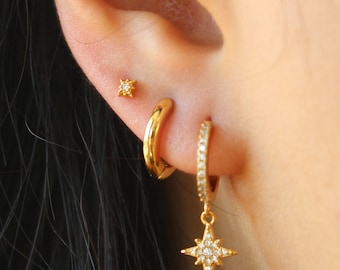 Star Earrings Set,  Star and Moon Huggie Hoops Set, Gold Earring Set, Mismatch Hoop Earrings Set, Celestial Trio Hoop Set, Huggie Hoops Gift