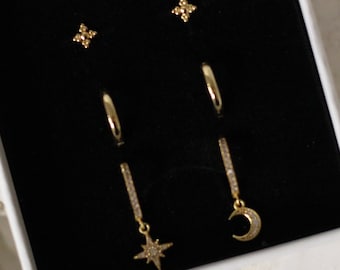 Star Moon Earring Set, Gold Moon Earring, 18k Gold Earring, Celestial Hoop Earring, Mismatched Earrings, Stars Stud Earrings, Moon Huggies