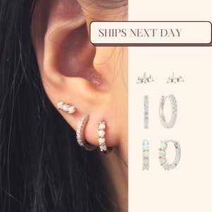 Opal Earring Set in Silver or Gold, White Opal Hoop Earrings, Silver Opal Studs, Tiny Opal Earrings, Bridesmaid Gift Opal, Stud earring opal