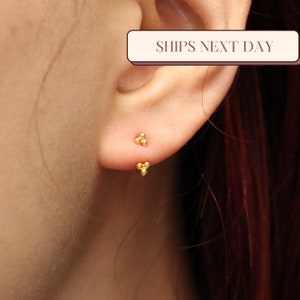 Flower Front Back Earrings, Bead Stud Earrings, Gold Front Back Earring, Ear Jacket Earring, Delicate Stud Earrings, 3 Bead Stud Earring
