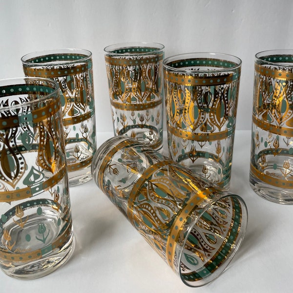 Rare Set of 6 Signed Fred Press Sassafras Turquoise Gold Highball Glasses | Tom Collins MCM | Mid-Century Modern Glasses | Vintage Barware
