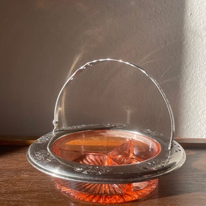 Vintage Pink Depression Glass Divided Candy Dish Basket | Starburst Pattern | Farberware | Nut Relish Divided Dish | Vintage Serving Pieces