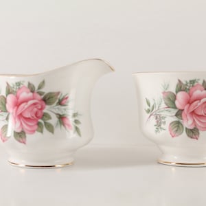 Pink Rose Cream and Sugar Set | Queen Anne Bone China | Pink Floral Tea Set | Creamer | Sugar Bowl | Vintage Decor | Vintage Serving Pieces