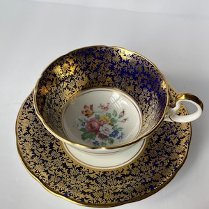Aynsley England Cobalt Gold Floral Teacup and Saucer | Rose Floral Tea Cup | English Bone China | Teacup and Saucer Set | Vintage Teacup