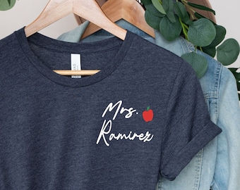 Custom Teacher T-Shirt, Pocket Name Shirt, Teacher Apple Shirt, Minimalist Teacher Shirt, Cute Teacher Gift, Personalized Teacher Name Shirt