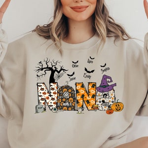 Personalized Mimi Halloween Shirt, Custom Nickname Nana Mimi Tee With Kid names, Leopard Mimi Nana Halloween Shirt, Grandma Halloween Shirt