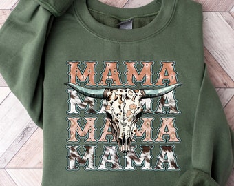 Mama Sweatshirt Mama Shirt Western Mama Crewneck Pullover Cowhide Mothers Day Gift For Mom Outfit Mama Loungewear Announcement Shirts