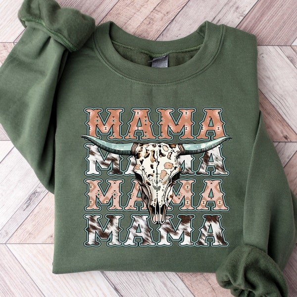 Mama Sweatshirt Mama Shirt Western Mama Crewneck Pullover Cowhide Mothers Day Gift For Mom Outfit Mama Loungewear Announcement Shirts