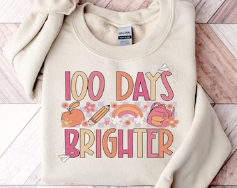T-shirt « 100 jours plus lumineux », T-shirts pour écoliers, T-shirt « 100 jours d'école », T-shirts pour enseignants, T-shirt de rentrée scolaire, T-shirt fleuri « 100 jours plus lumineux »