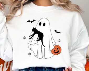 Halloween Sweatshirt, Ghost Shirt, Black Cat Sweatshirt, Halloween Cat Shirt, Halloween Crewneck, Fall Shirt, Spooky Season, Cat Lover Gift