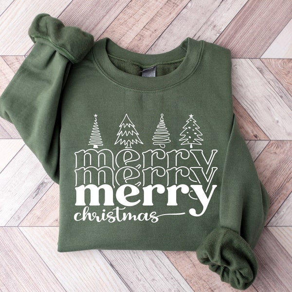 Merry Christmas Trees Sweatshirt, Womens Christmas Sweatshirt, Merry And Bright, Holiday Sweater, Winter Sweater, Cute Christmas Shirt