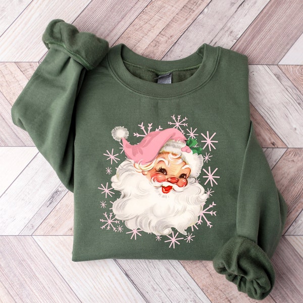 Pink Santa Hat Sweatshirt, Vintage Santa Shirt, Retro Pink Santa Shirt, Classic Christmas, Pink Christmas, Holiday Clothing, Gift For Women