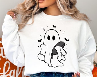 Ghost Cat Shirt Cat Ghost T-Shirt, Cute Cat Lovers Shirt, Retro Ghost Halloween, Halloween Cat T-shirt, Spooky Season Gift