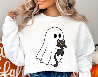 Ghost Cat Sweatshirt, Ghost Cat Tshirt, Halloween Crewneck, Ghost Shirt, Cat Lover Shirt, Cat Tshirt, Halloween Shirt, Cat Mom Tshirt