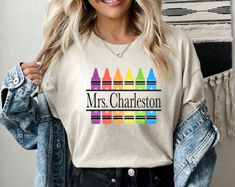 Customized Teacher Shirt, Back to School Shirt Kindergarten Teaching Shirt Personalized Name Teacher Shirt Crayon Teacher Shirt Teacher Gift