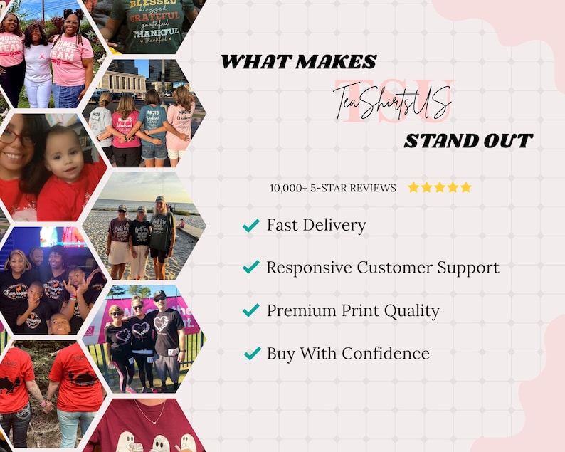 The image is a collage of various images featuring people wearing T-shirts, with text overlaying the collage.