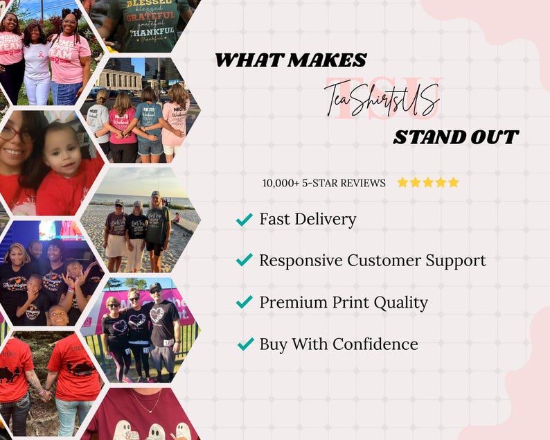 The image is a collage of various images featuring people wearing T-shirts, with text overlaying the collage.