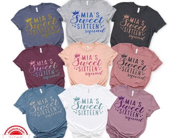 Custom Sweet Sixteen Glitter Shirt, Personalized Sweet 16 Birthday Tee, Birthday Squad Faux Glitter Sweater, Sixteenth Birthday Gift